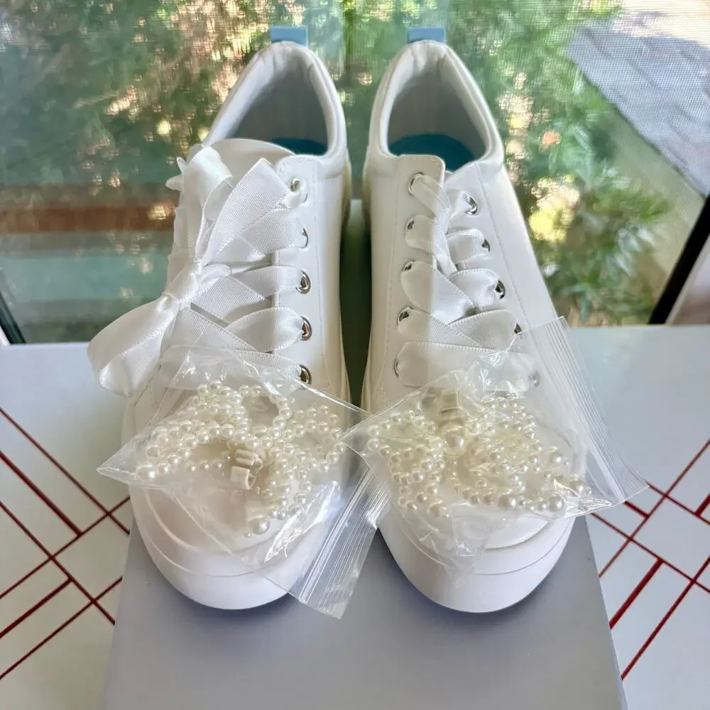 David’s Bridal White Platform Wedding Sneakers Size 8 Pearl Bow New in Box